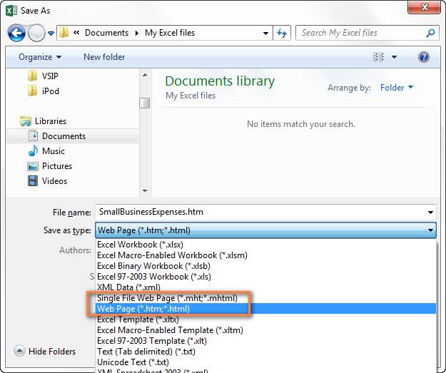 guarde el archivo de Excel en formato HTML