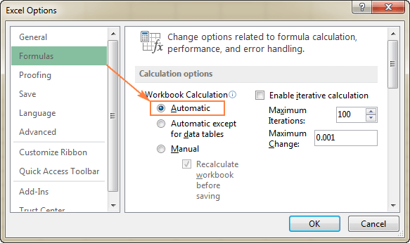arreglar fórmula de Excel no actualizando automáticamente 2