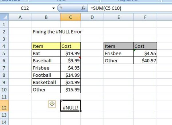 Excel #Null Error