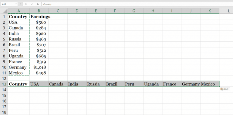 Microsoft Excel Transpose no funciona