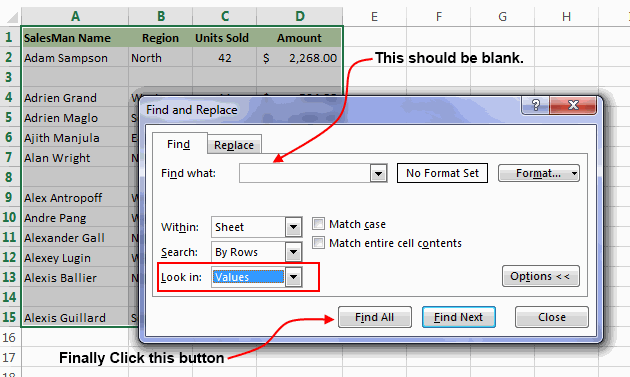  borrar blank filas en Excel 7
