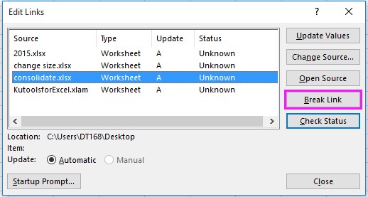 eliminar un enlace roto en Excel 2