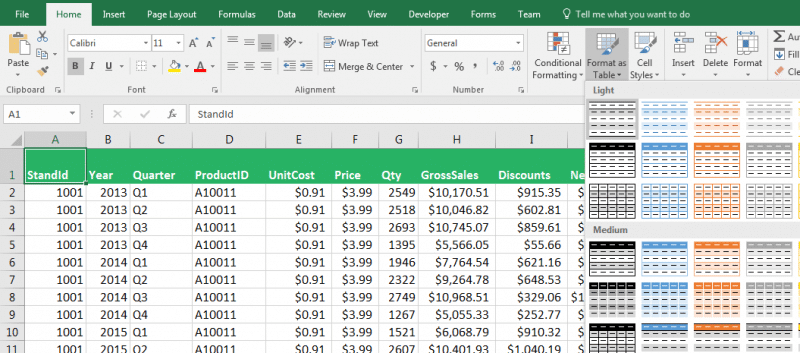 Use la tabla en lugar de congelar la fila superior