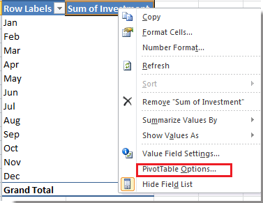 PivotTable Opciones