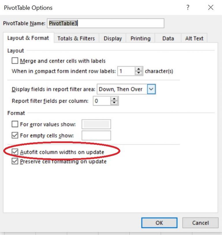 PivotTable Opciones