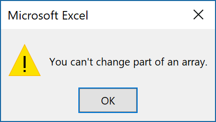Excel usted No se puede cambiar parte de una array error de