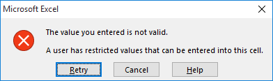 error de validación de datos de Excel en