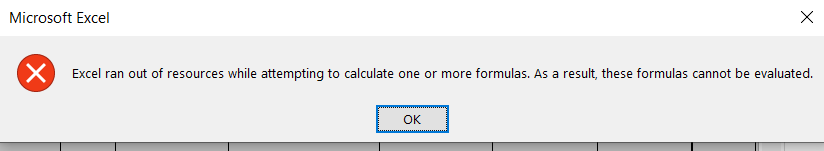 Excel se quedó sin recursos al Attempting calcular