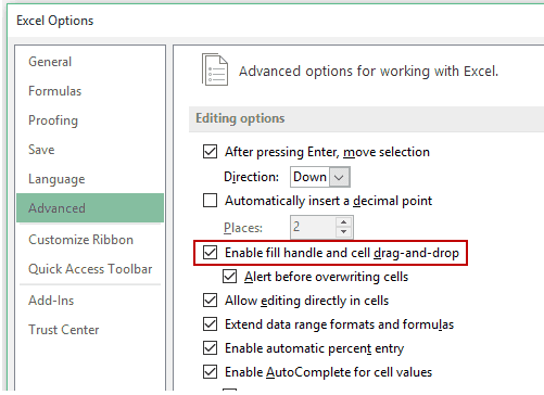 El AutoFill de Excel no funciona